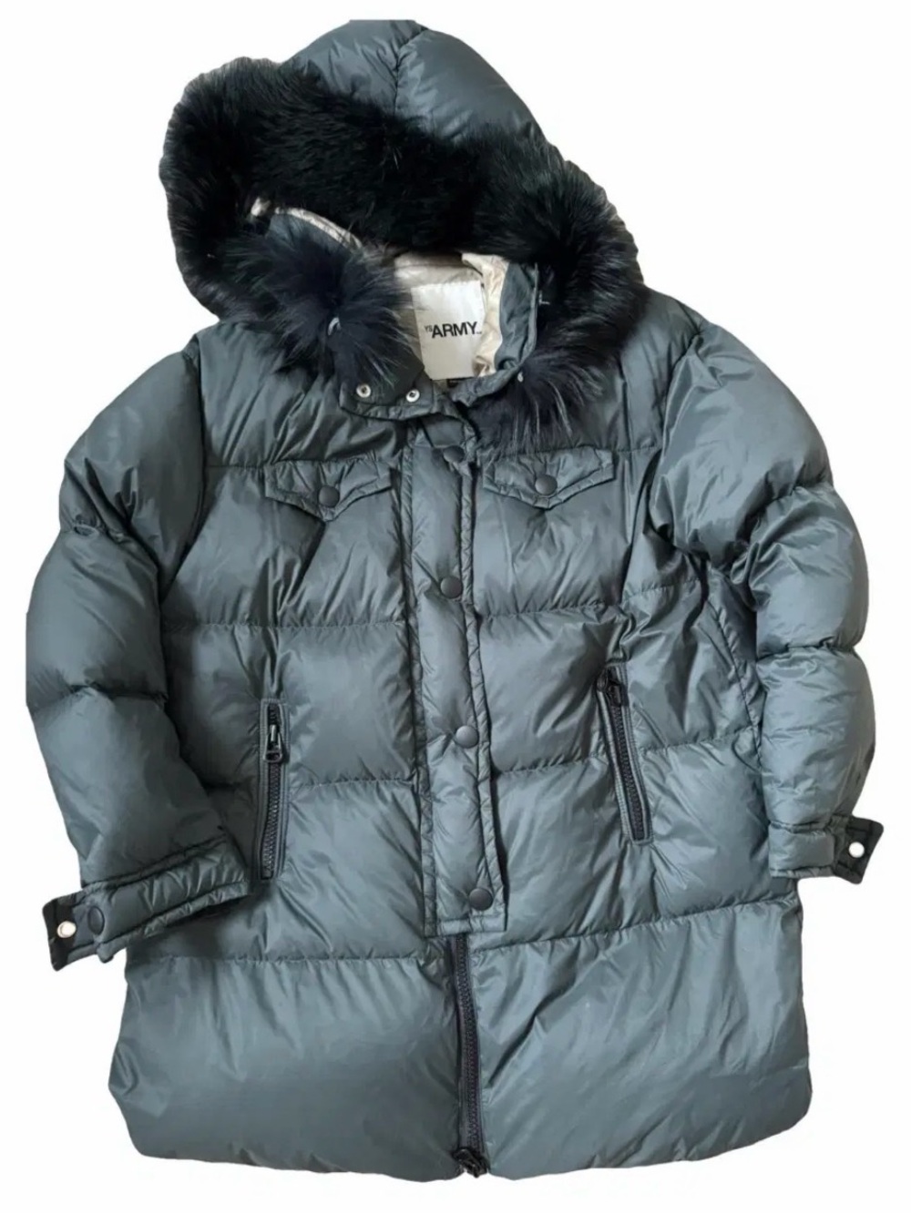 Yves Salomon Army Fur Trim Down Coat Size FR 34 Green Authentic